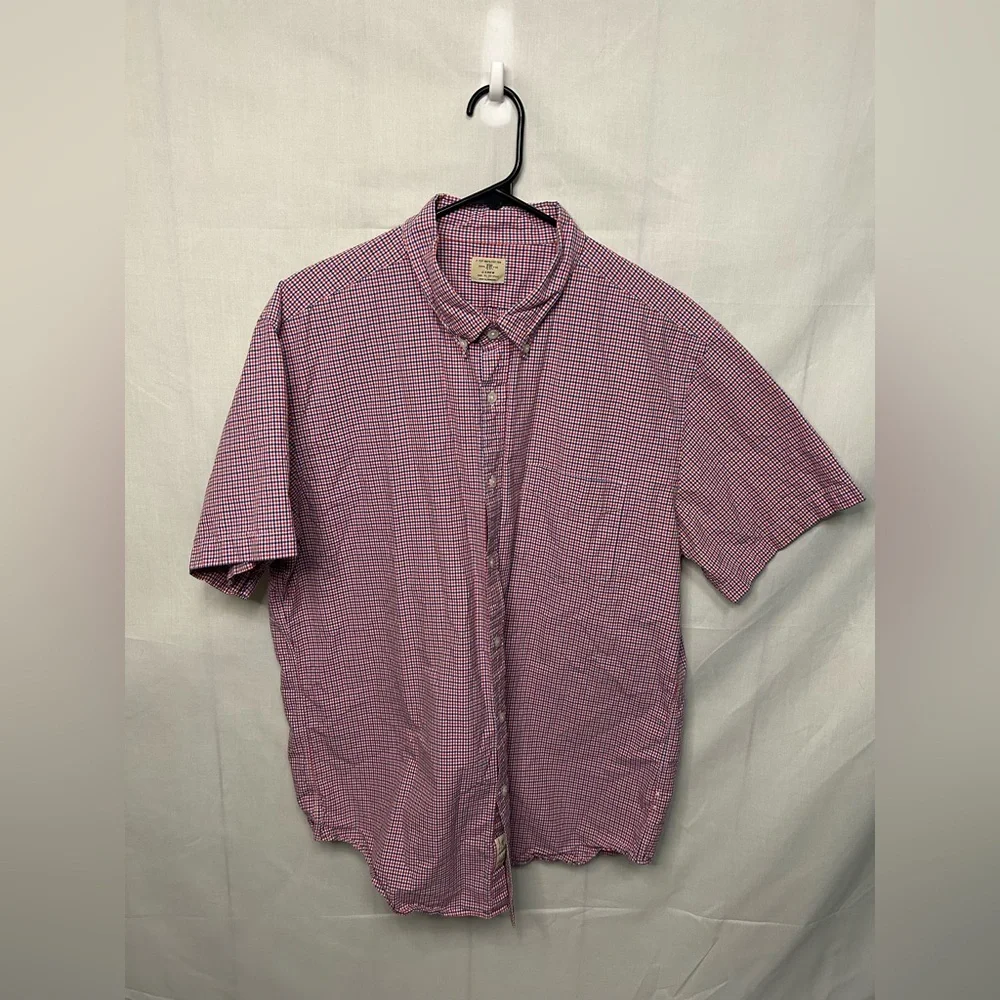 J.Crew Men’s XL 2-Ply Cotton Button Down Shirt Red‎ Blue Check Short Sleeve